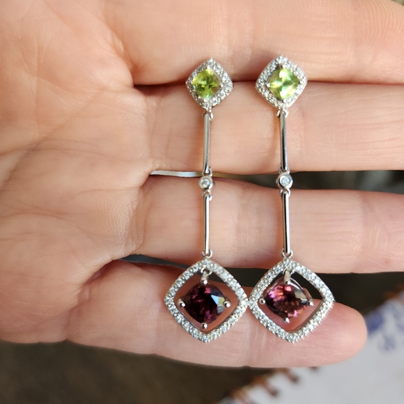 14K White Gold Amethyst, Peridot and Diamond Earrings - Picture 1 of 8